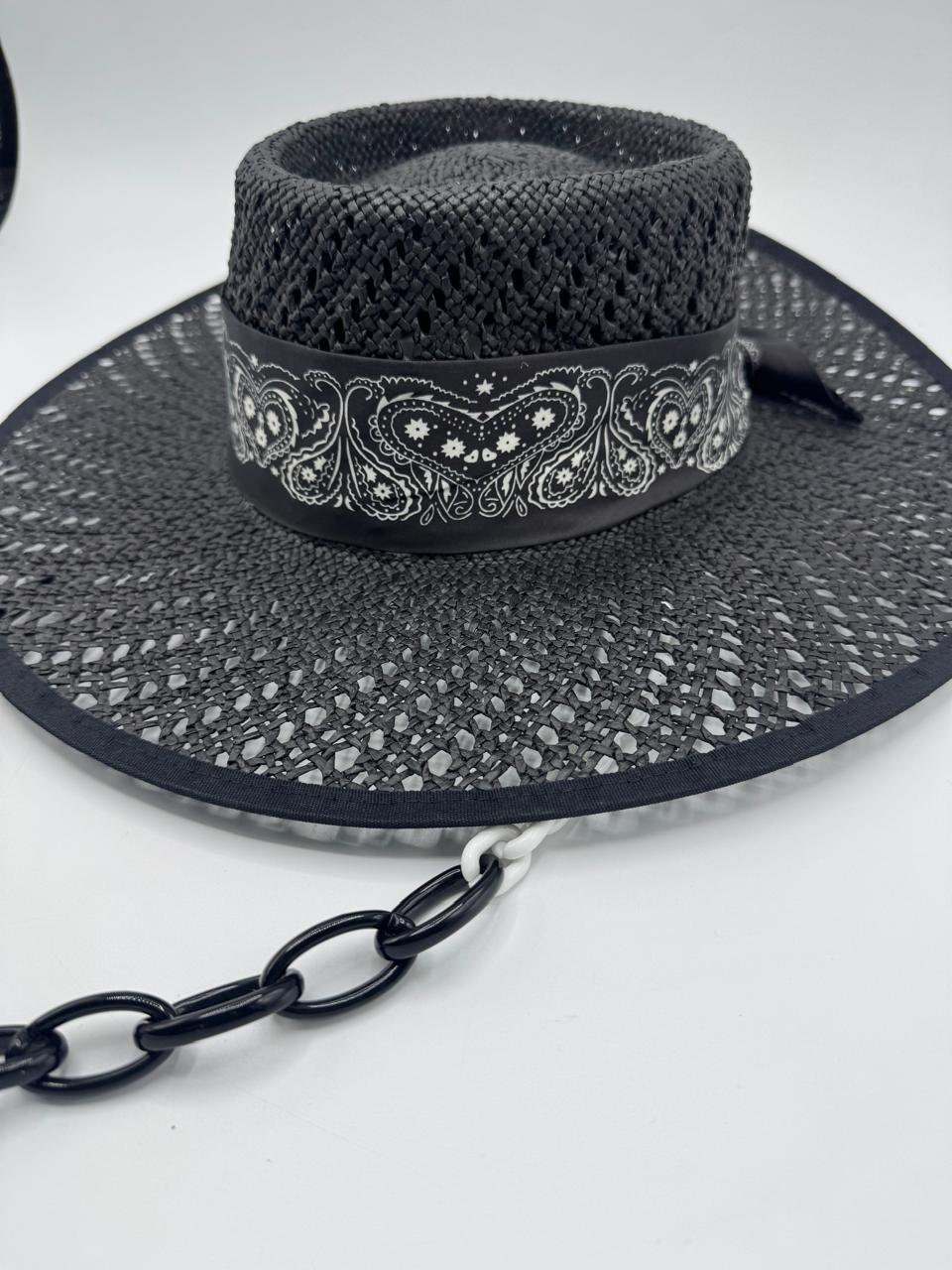 Luxury black straw hat with removal black and white chain