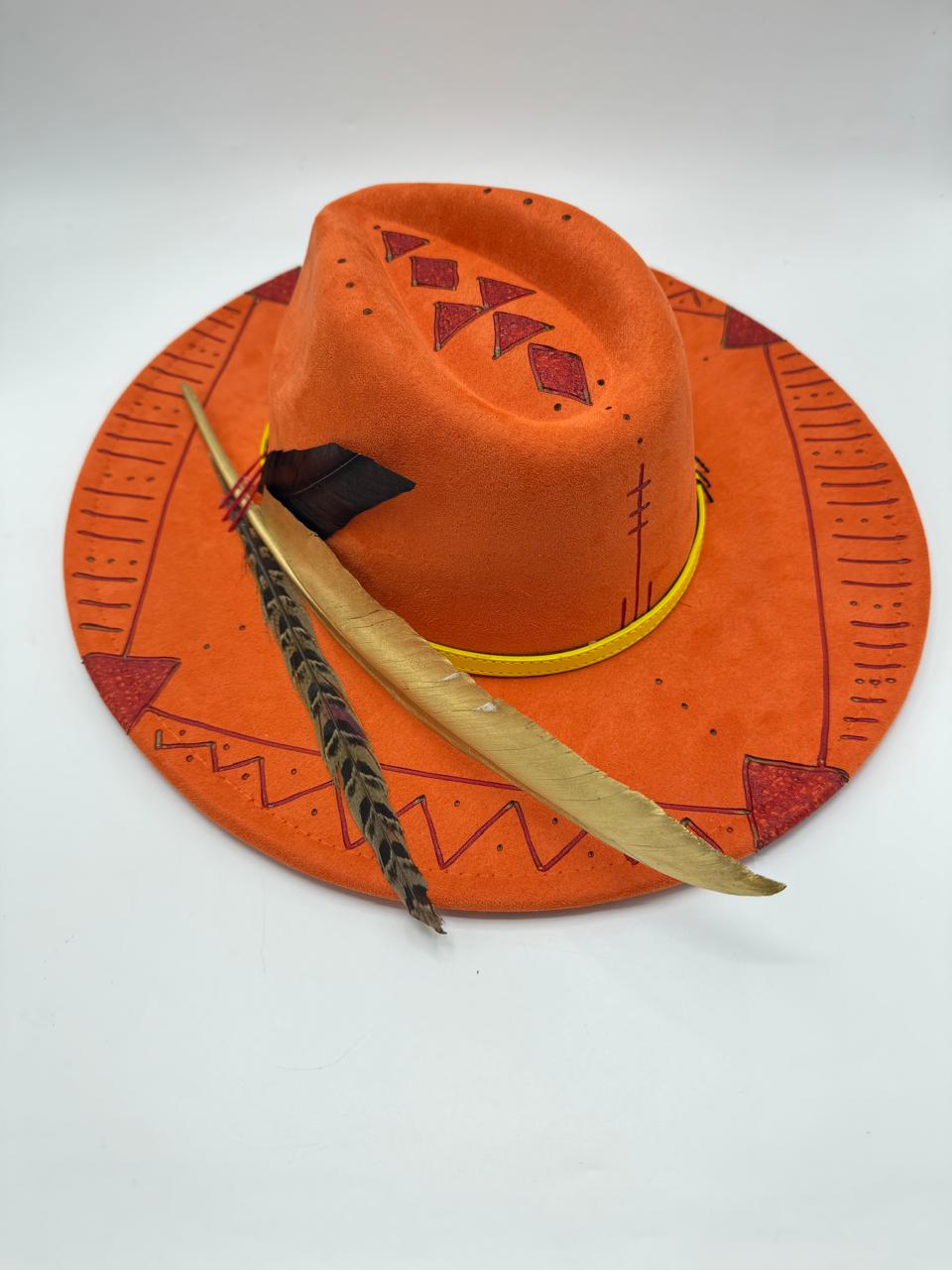 Orange wide brim fedora with golden feather