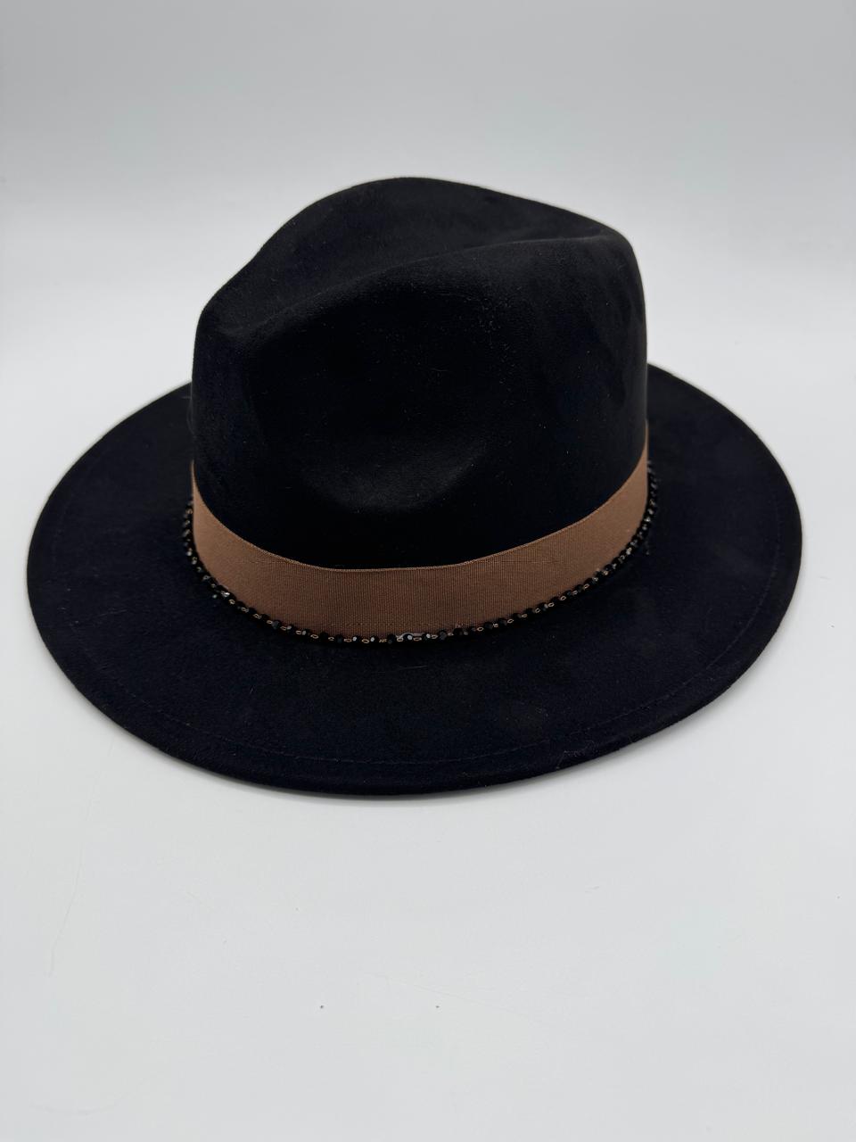 Suede fedora with gold feathers