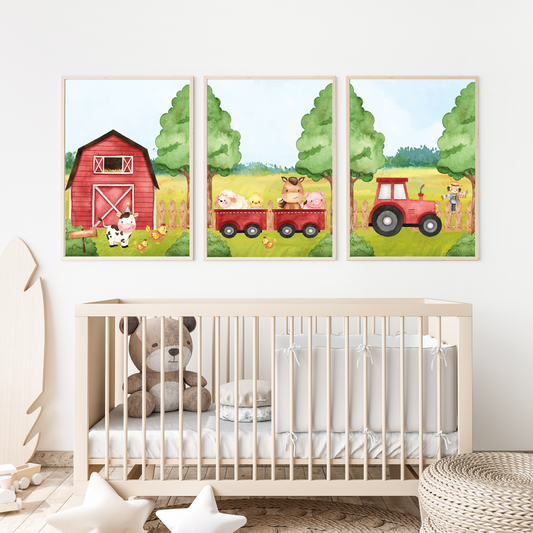 Farm Animals Nursery Decor Poster Art Print - Set of 3 (A4 , White)