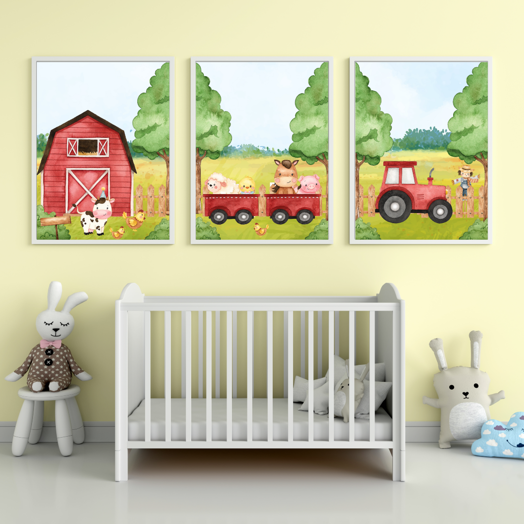 Farm Animals Nursery Decor Poster Art Print - Set of 3 (A4 , White)