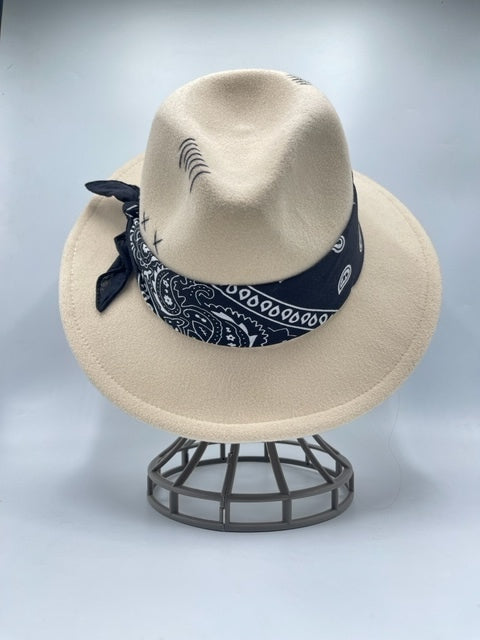 Fedora hat accessorized with classic scarf and a chic twist - beige