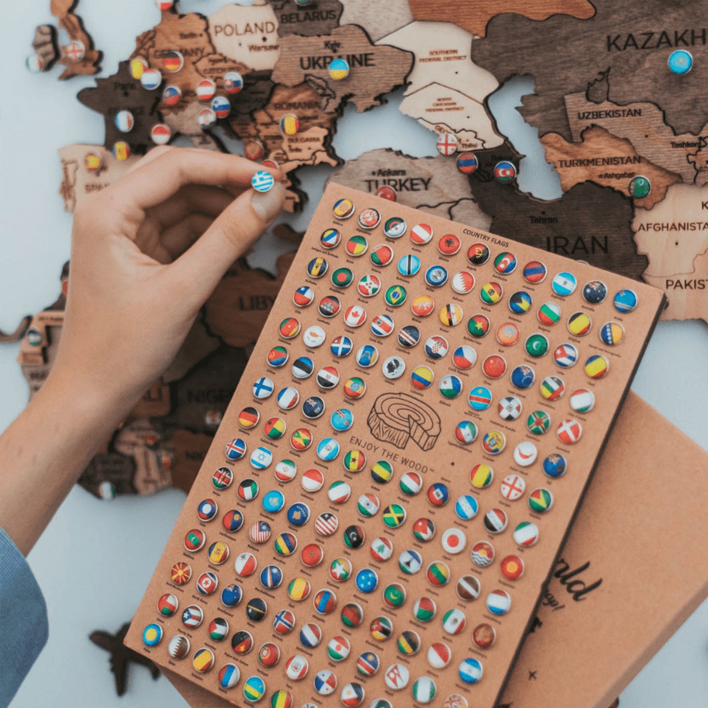 Enjoy The Wood Flag Push Pins - Perfect Map Markers for Tracking Travels - Ideal for Decorating Wooden World Maps