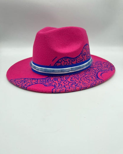 Fuchsia fedora with blue hand drawing