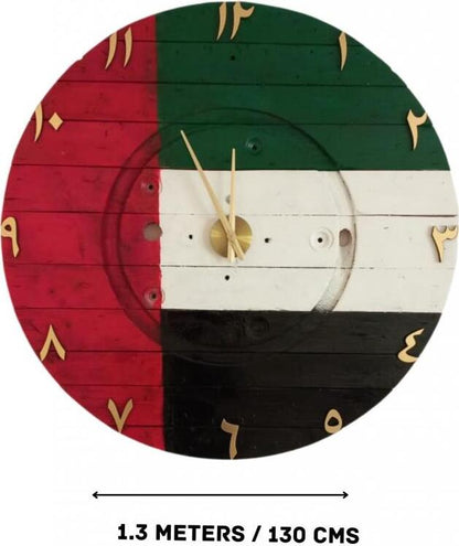 Giant Emirati Flag Wooden Clock 1.3 Metre Diameter with Golden Dial and Arabic numerical