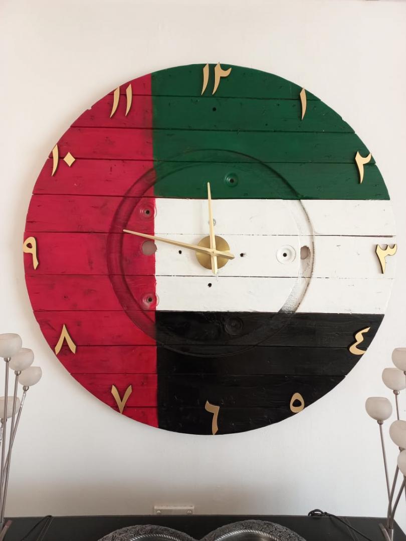 Giant Emirati Flag Wooden Clock 1.3 Metre Diameter with Golden Dial and Arabic numerical