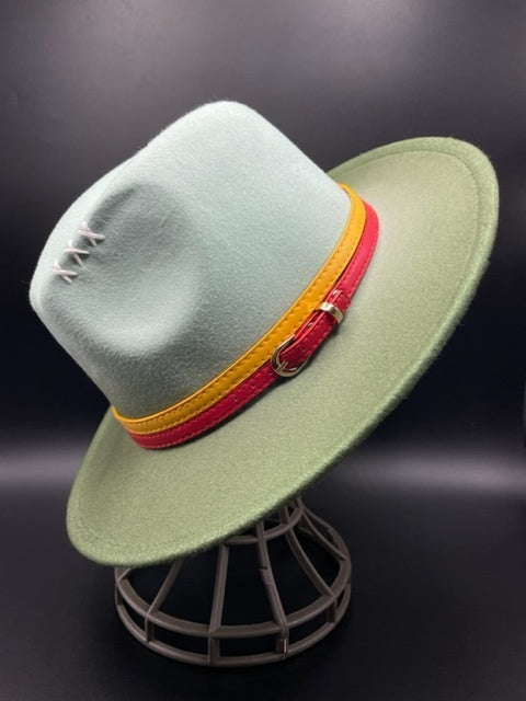 Graded green fedora with yellow and red bands