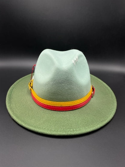 Graded green fedora with yellow and red bands