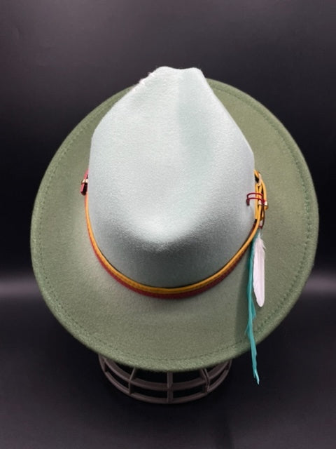 Graded green fedora with yellow and red bands