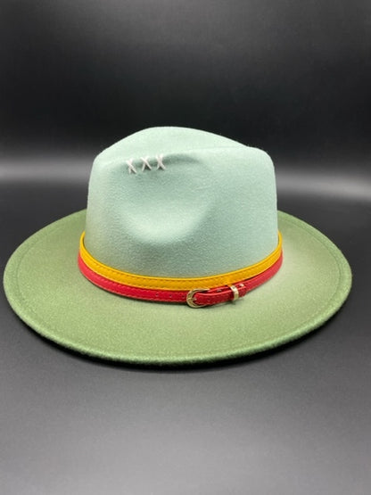 Graded green fedora with yellow and red bands