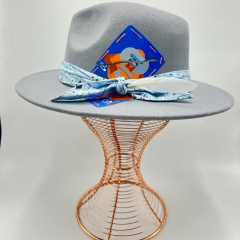 Gray fedora with baby blue bandana and card