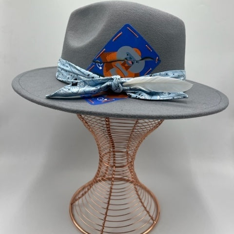 Gray fedora with baby blue bandana and card