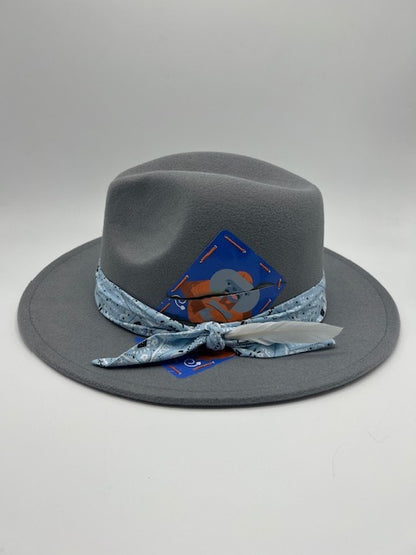 Gray fedora with baby blue bandana and card