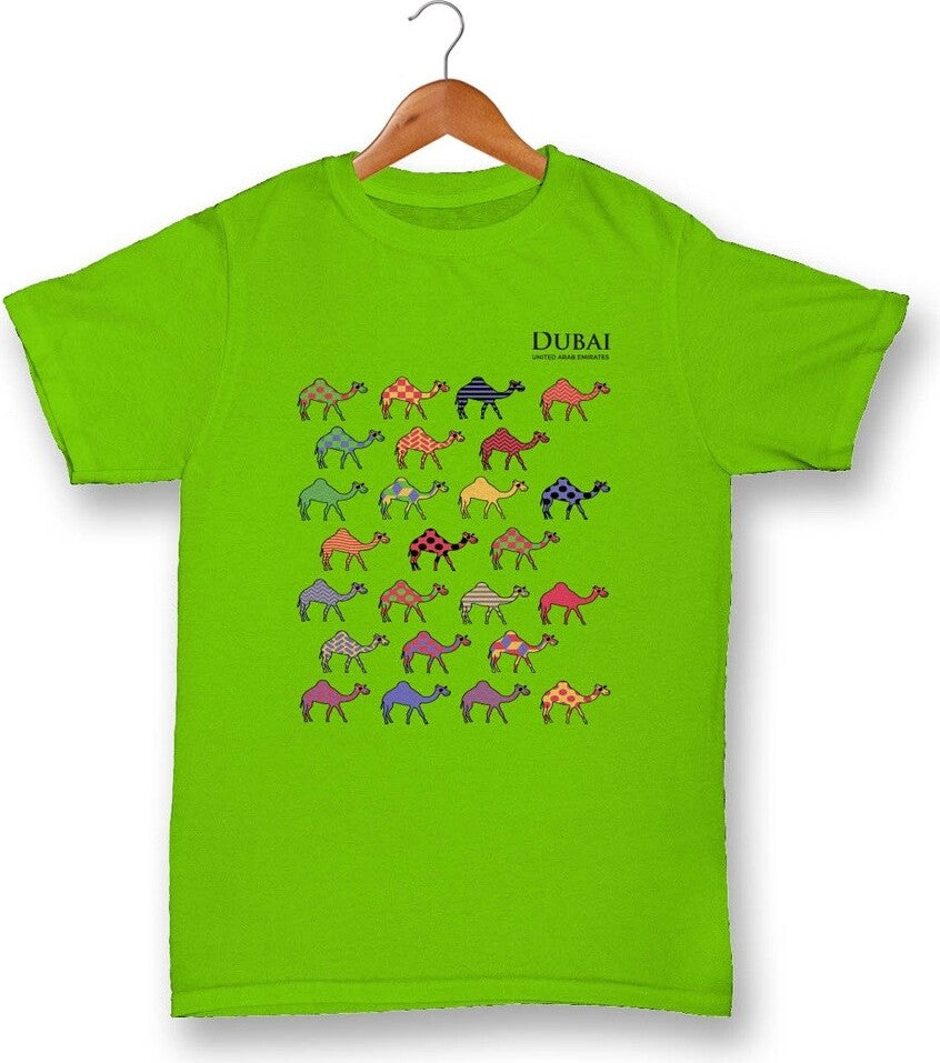 Green combed  100% cotton T-Shirt Camels with Glasses Dubai  Design - Kids 1-2 years