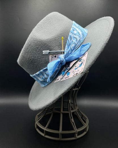 Grey fedora with baby blue bandana