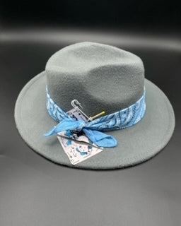 Grey fedora with baby blue bandana