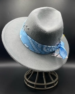 Grey fedora with baby blue bandana