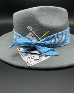 Grey fedora with baby blue bandana