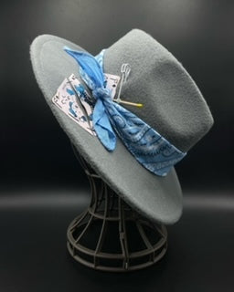 Grey fedora with baby blue bandana