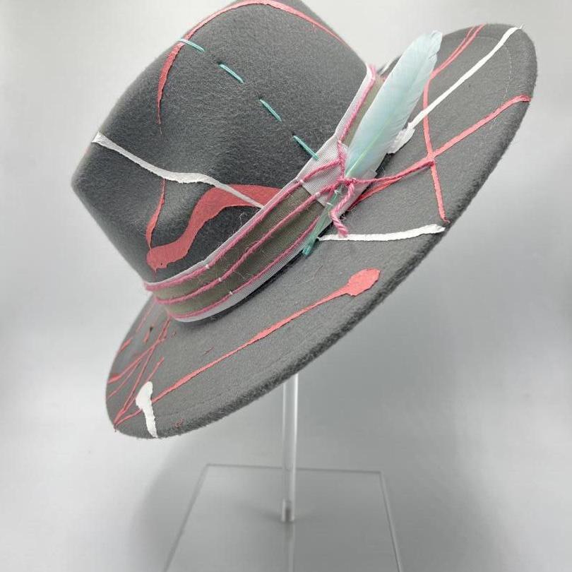 Grey fedora with pink and white splashes