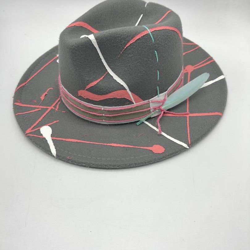 Grey fedora with pink and white splashes