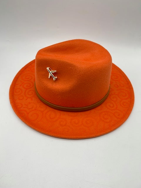 Hand drawn orange fedora with airplane