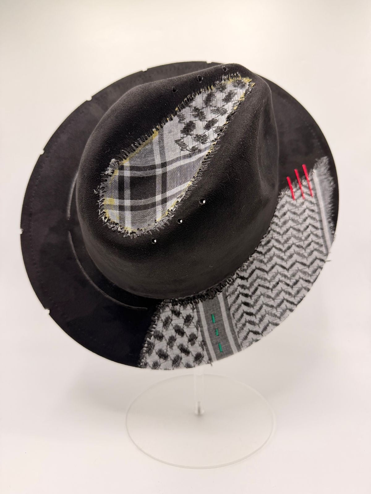 Black suede feroda with black and white shemagh fabric