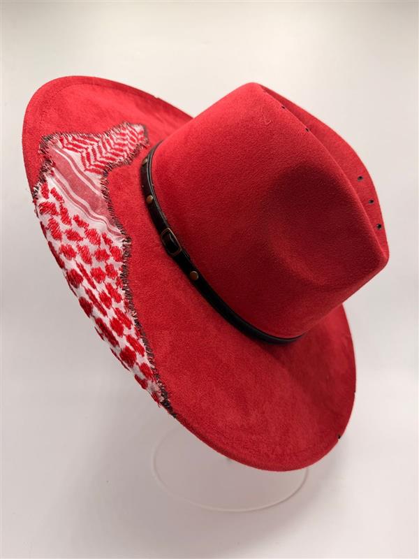Red wide brim fedora with shemagh fabric