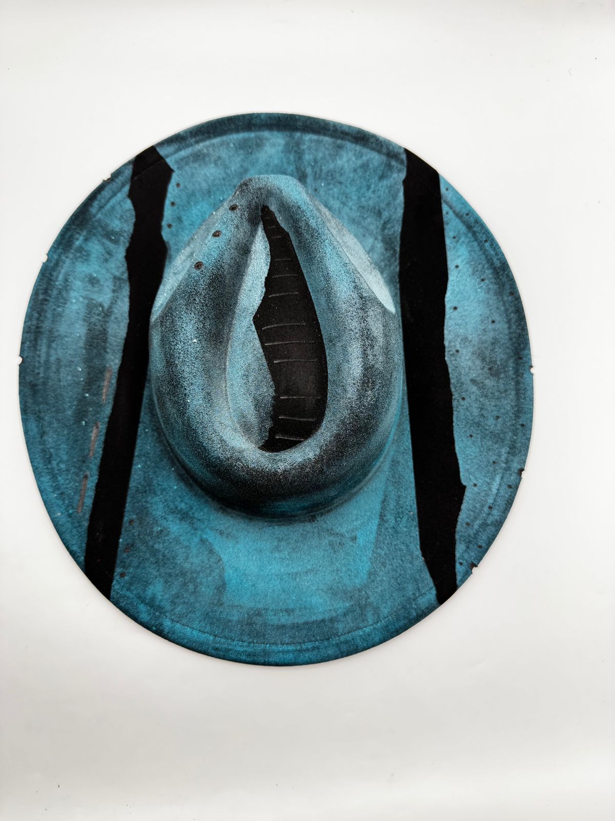 Wide brim black and blue painted fedora