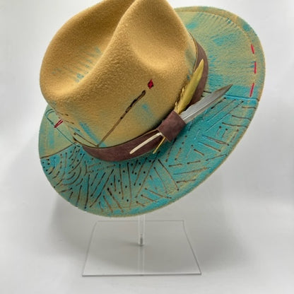 Light brown fedora with turquoise details