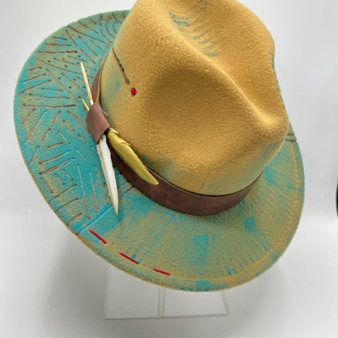 Light brown fedora with turquoise details