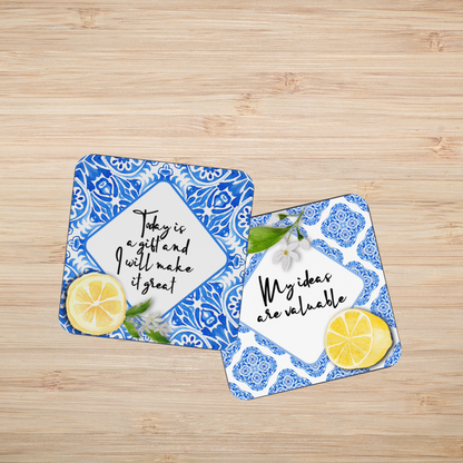 Mediterranean Blue Tiles and Lemons Affirmation Cards - Set of 20