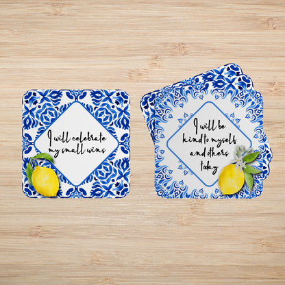 Mediterranean Blue Tiles and Lemons Affirmation Cards - Set of 20