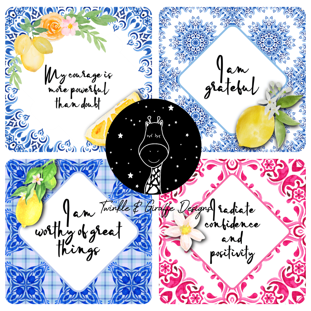 Mediterranean Blue Tiles and Lemons Affirmation Cards - Set of 20