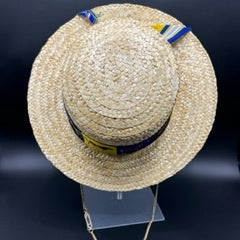 Natural straw boater with blue scarf and gold chain