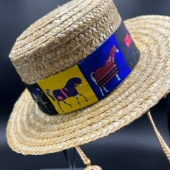 Natural straw boater with blue scarf and gold chain