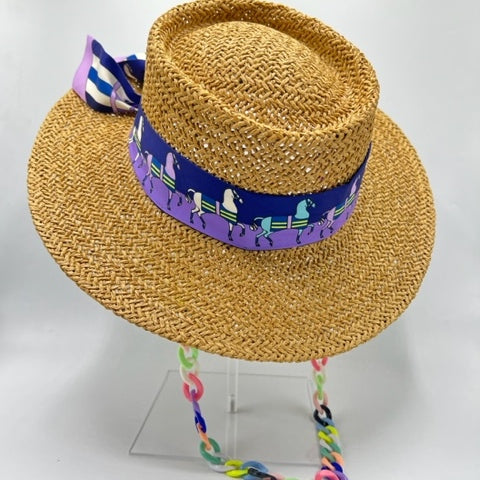 Natural straw summer hat with purple details