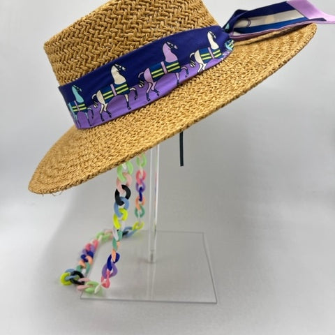 Natural straw summer hat with purple details