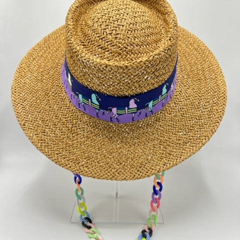 Natural straw summer hat with purple details