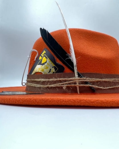 Orange fedora with playing card and flame