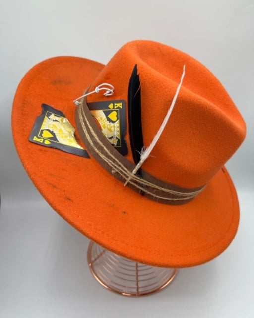 Orange fedora with playing card and flame