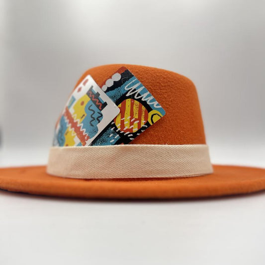 Orange fedora with white and blue details