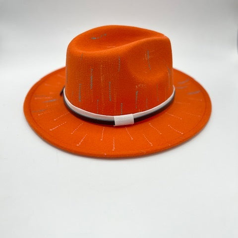 Orange fedora with white and brown band