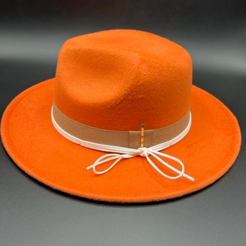 Orange fedora with white leather straps