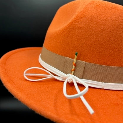 Orange fedora with white leather straps