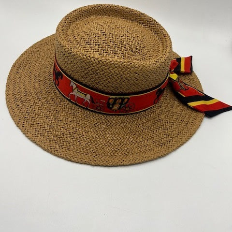 Paper straw beach hat with black and red scarf