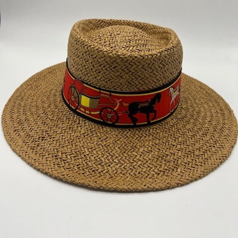 Paper straw beach hat with black and red scarf