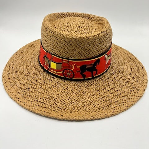 Paper straw beach hat with black and red scarf