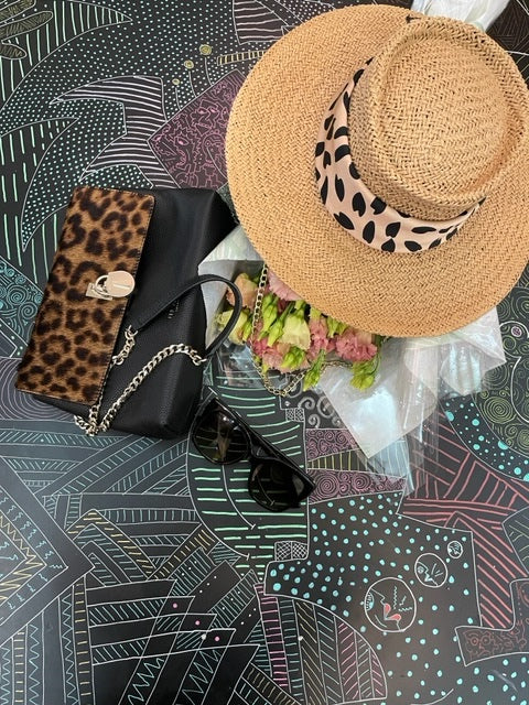 Paper straw summer hat with tiger scarf