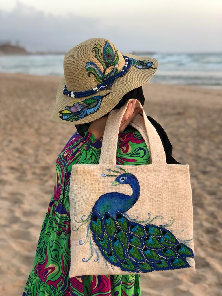 Peacock tote bag and Hat set